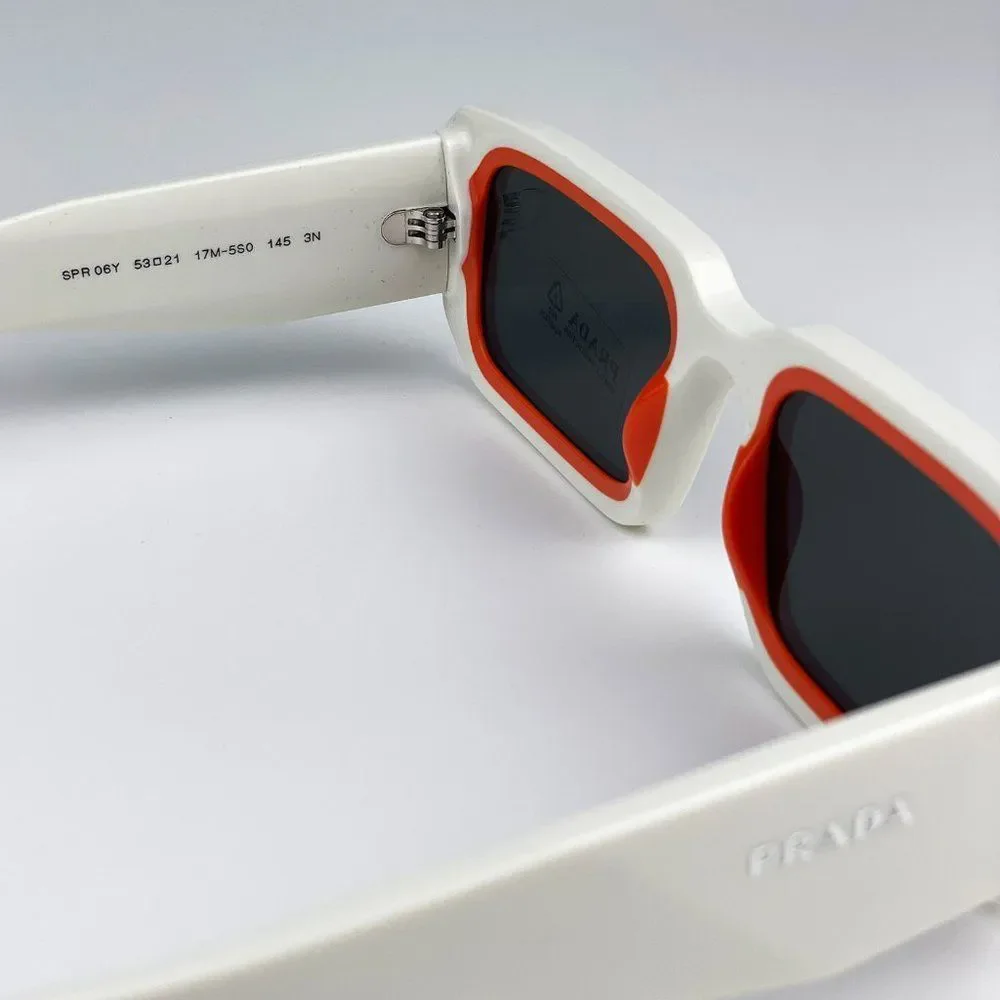 🔥Prada PR06YS 17M5S0 Sunglasses Talc Orange Dark Grey Rectangle Unisex - Picture 12 of 14